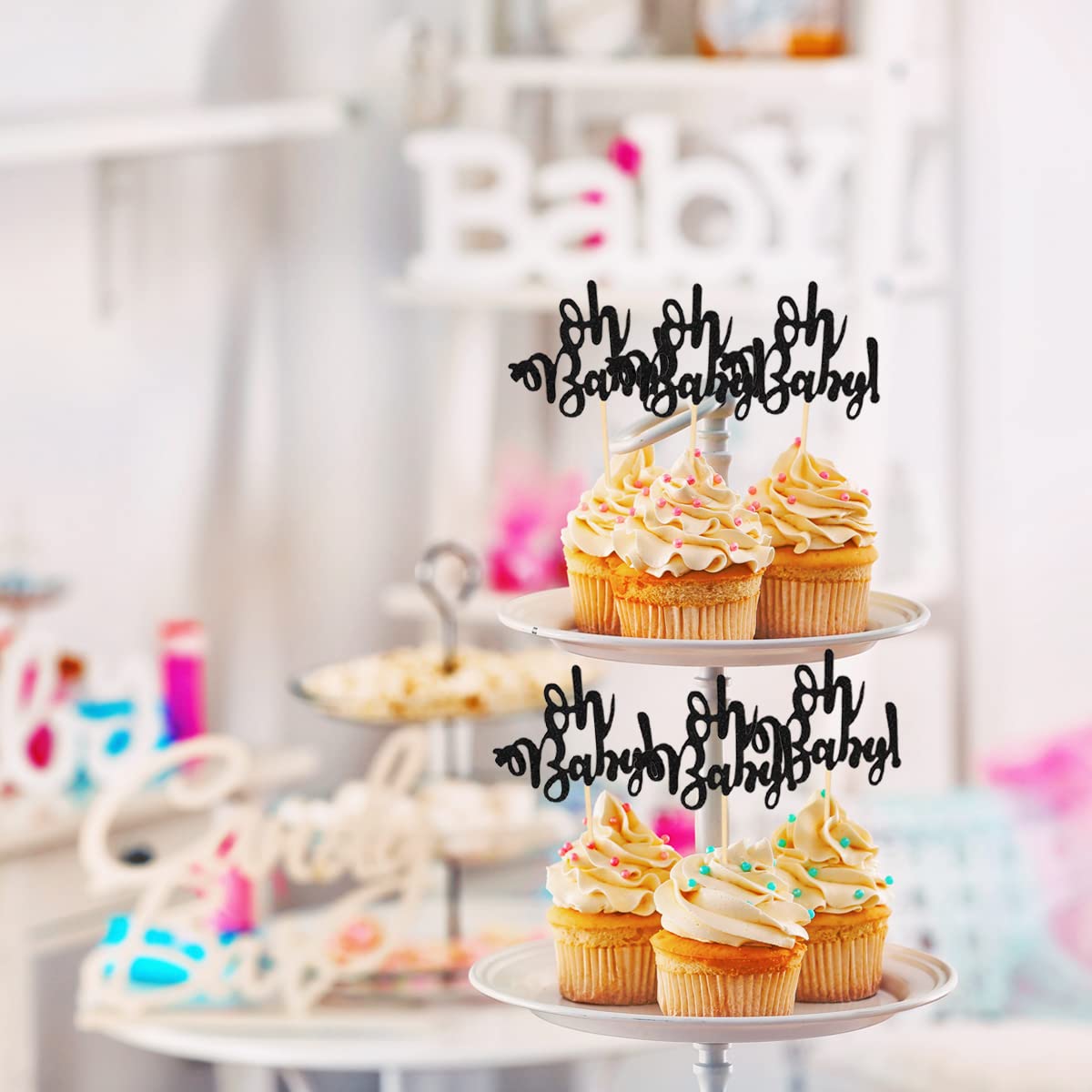 Donoter 48 Pcs Black Glitter Oh Baby Cupcake Topper Picks For Baby Shower Gender Reveal Party Cake Decorations