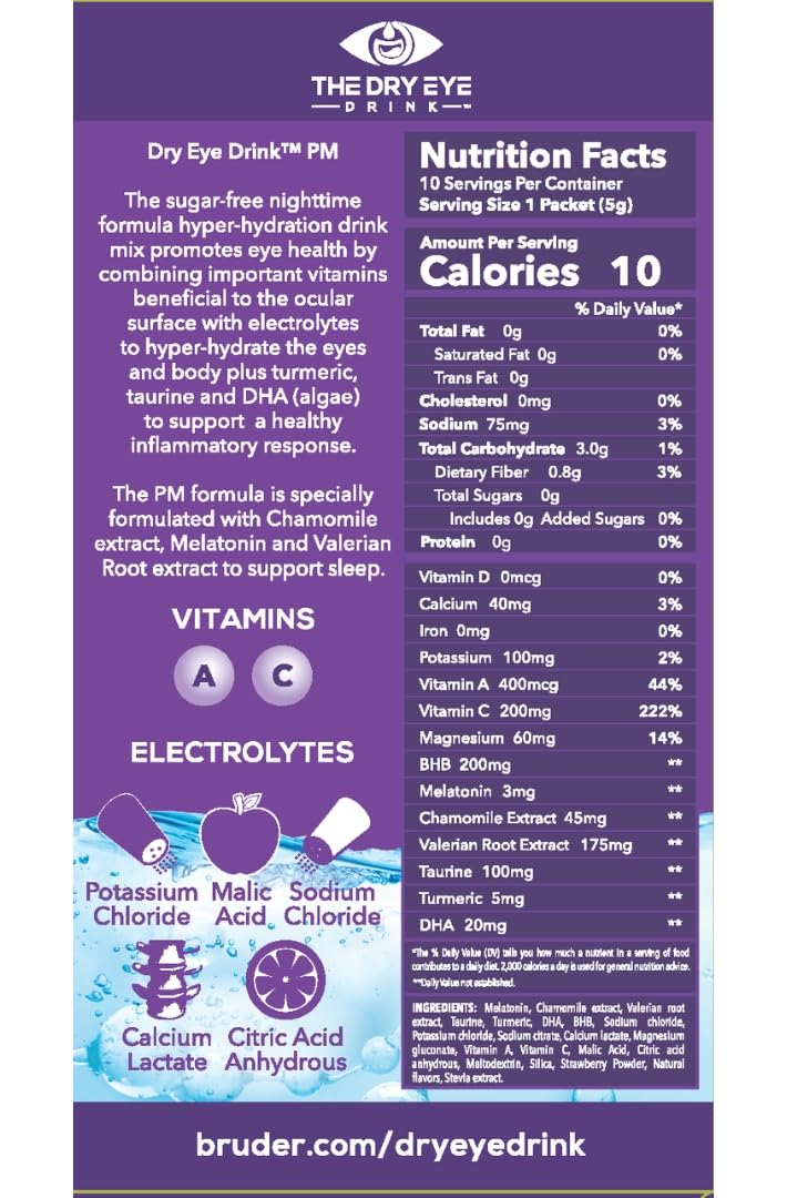 The Dry Eye Drink L Ultimate Hydration For Dry Eyes L Sugar-Free Electrolyte Powder Packets L Blended With Vitamins, Green Tea, Turmeric, Taurine, And Dha L 5G X 20 Packets (Strawberry Lemon Am/Pm)