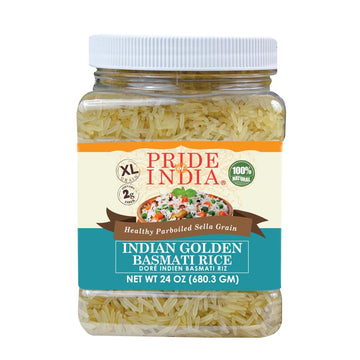 Pride Of India - Extra Long Indian Golden Basmati Rice - Healthy Parboiled Sella Grain, 1.5 Pound Jar