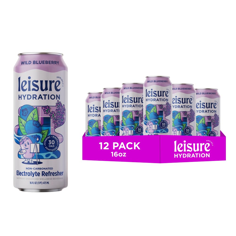 Leisure Drinks - Blueberry Electrolyte Drink [Electrolyte Refresher - 16oz Cans, 12pk] - Low Sugar Hydration Drink - Healthy Bev