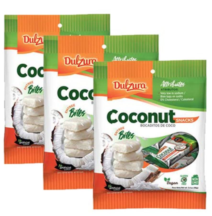 Dulzura Borincana Vegan Coconut Bites Snack Bars, Non-GMO, Gluten-Free, 3.4oz (Pack of 3) with Limited Edition Puerto Rican Sticker