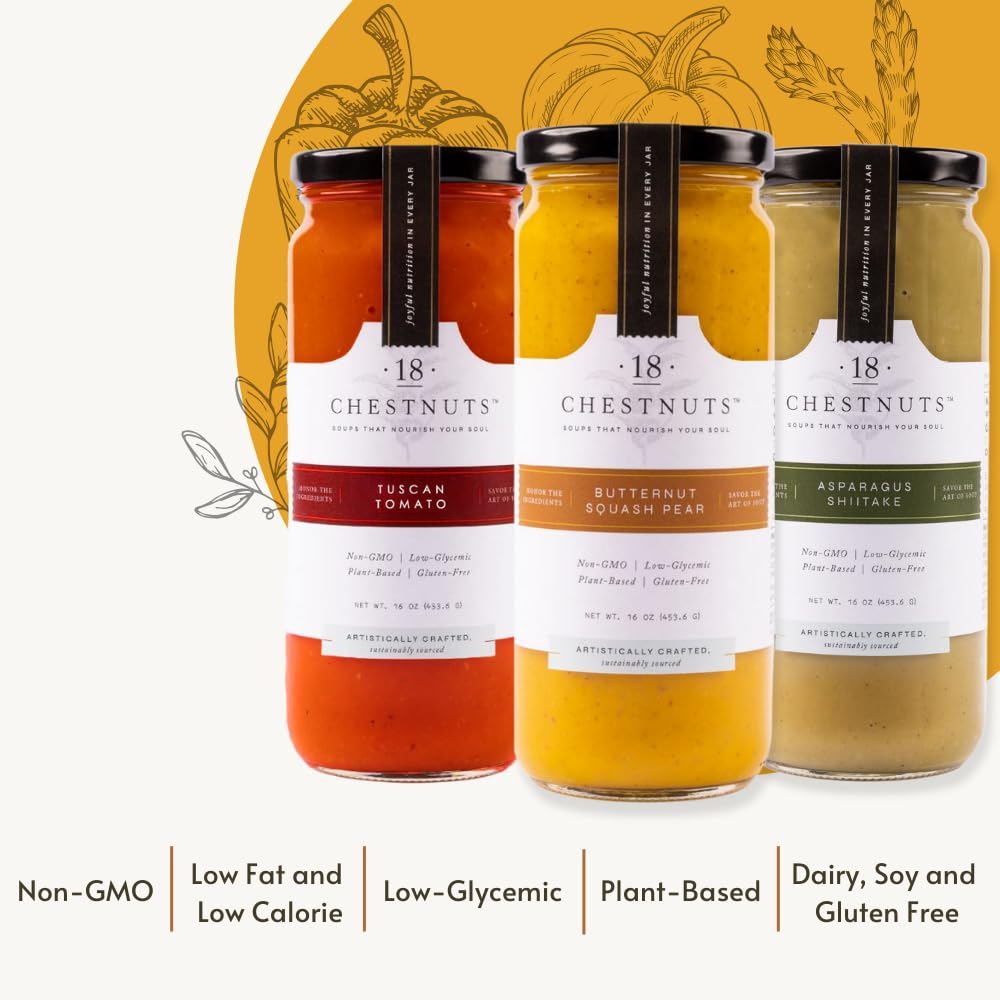 18 Chestnuts Plant Based Soup - Tuscan Tomato, Asparagus Shiitake, And Butternut Squash Pear Soup Bundle, Plant Based & Gluten F