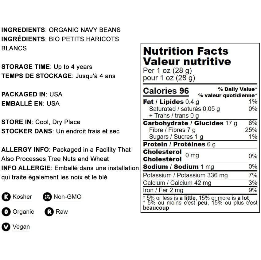 Food to Live Organic Navy Beans, 1 Pound Non-GMO verified, Kosher, Vegan, Dried White, Bulk. High in Protein and Dietary Fiber