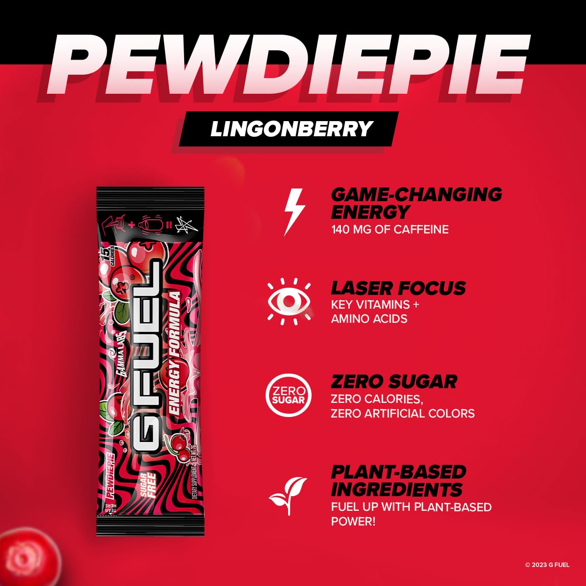 G Fuel PewDiePie Energy Powder Packets, Sugar Free, Lingonberry Flavor, Focus Amino Blend - 6 Stick Pack, 0.25 oz