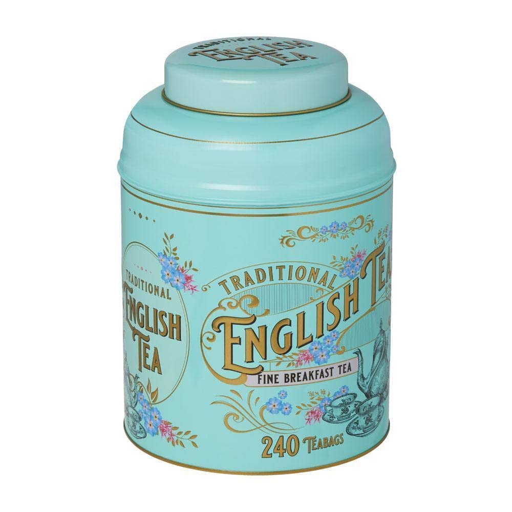 New English Teas Vintage Victorian Tea Tin With 240 English Breakfast Teabags For Tea Lovers, Forget Me Not Florals & Classic Te