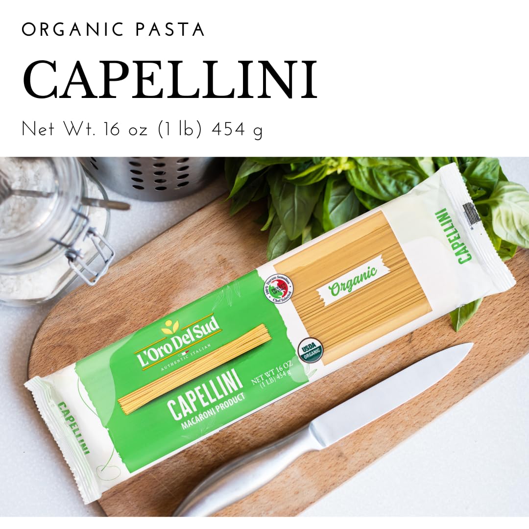 L'Oro Del Sud Organic Capellini, 100% Durum Wheat, Italian Pasta, Premium Quality Product Of Italy (4 Pack X 16 Oz) Non Gmo, Veg