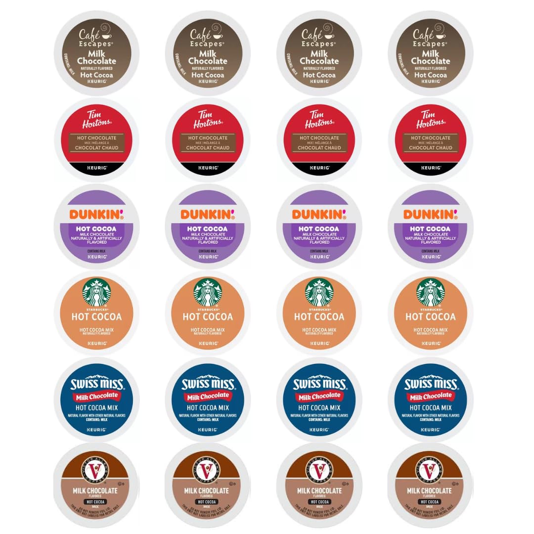 Milk Chocolate Hot Cocoa K-Cups Pods Variety Sampler. Includes Swiss Miss, Cafe Escapes, Starbucks, Tim Hortons, Victor Allen'S