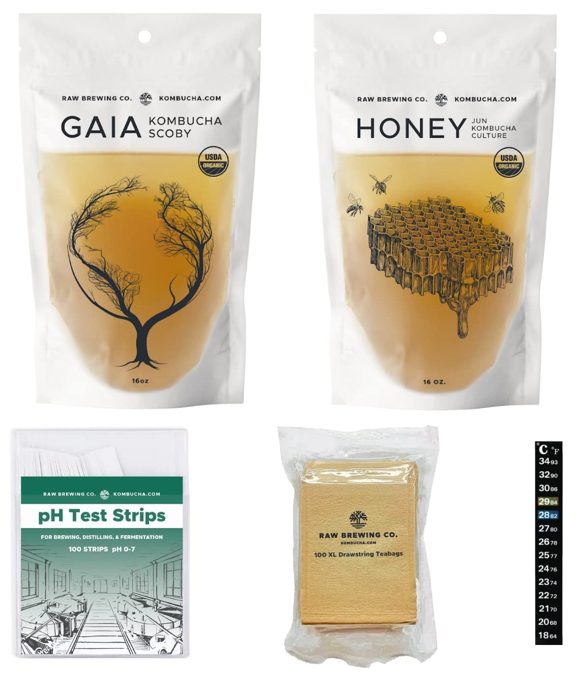 Raw Brewing Company Kombucha Starter Kit with Gaia & Honey Scoby, 6 Flavor Tea Pack, 7 Flavor Brew Booster, 84 Ounce