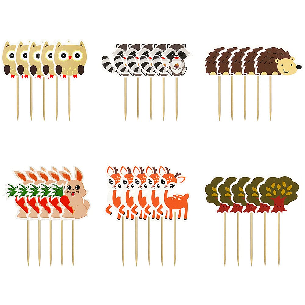 DRWATE 60PCS Woodland Creatures Cupcake Toppers Picks - Cardboard Cake Decorations for Baby Shower, Kids Birthday, Safari Party