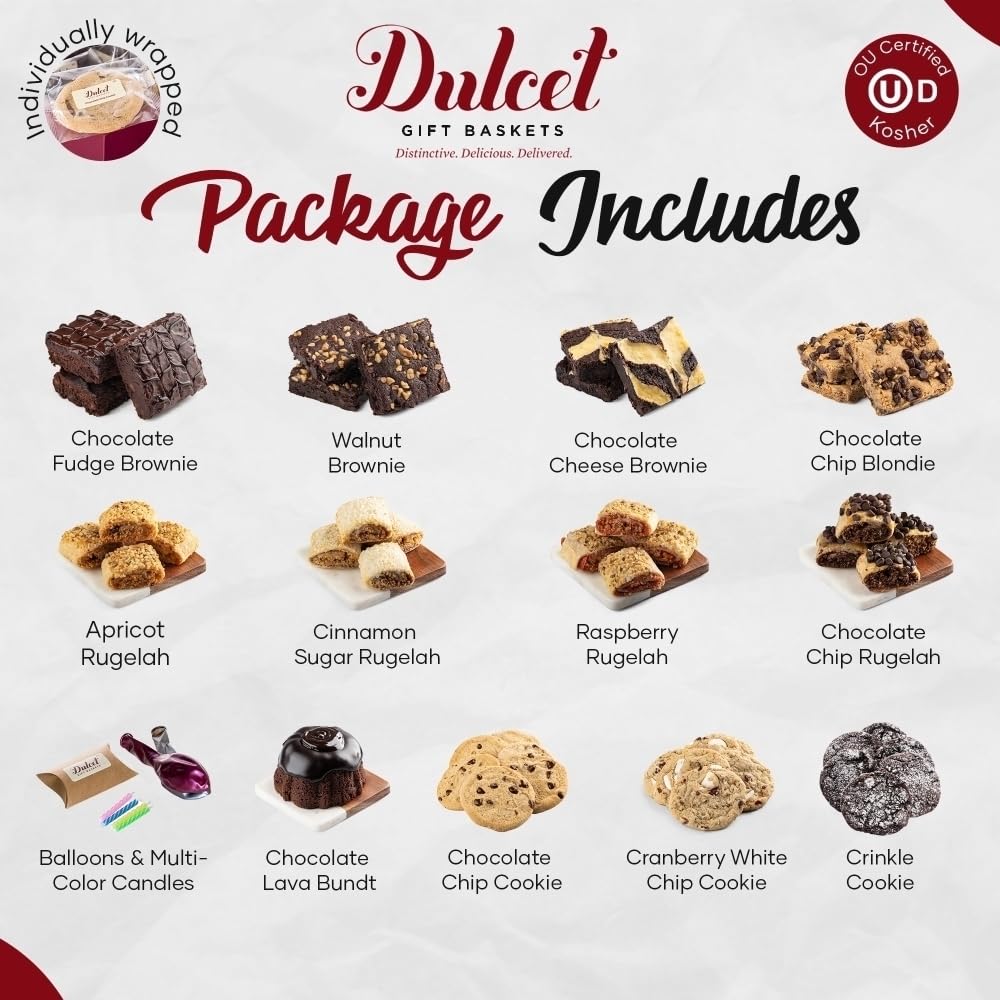 Dulcet Happy Birthday Gift Basket-Chocolae Bundt, Walnut Brownies,Chocolate Chip Fudge,Chocolate Chip Cookies,Assorted Rugelach. Birthday Candles! Best Gift Idea!