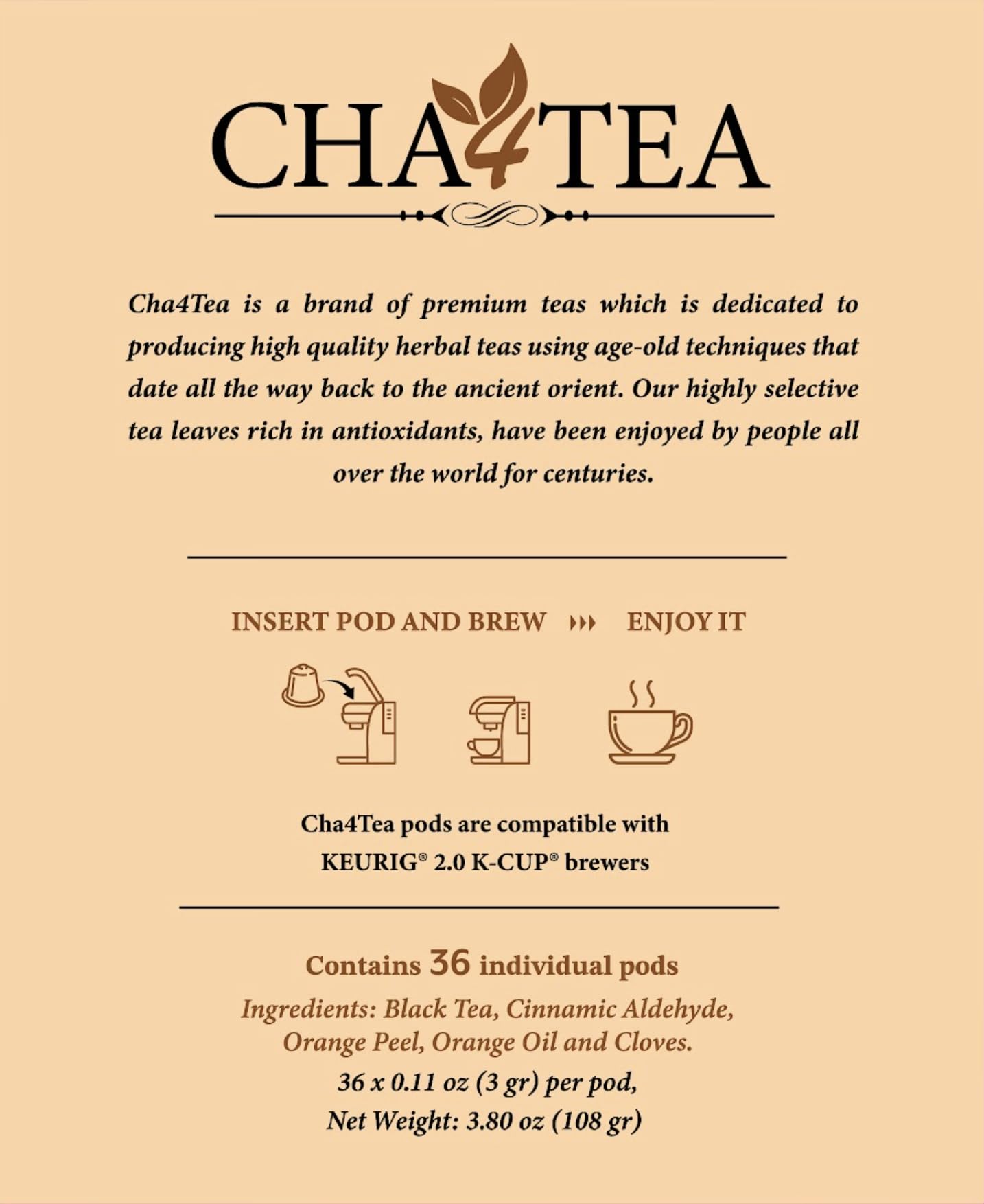 Cha4TEA Cinnamon Orange Spice Herbal Tea Pods for Keurig - 36 Count