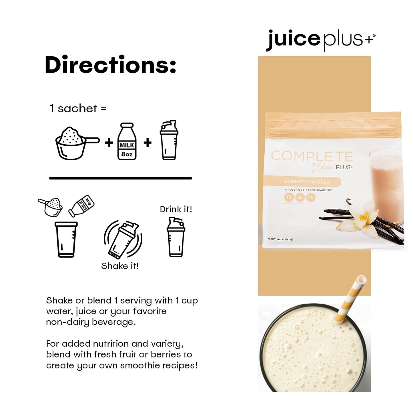 Complete by JuicePlus+ Single Serve French Vanilla Shakes - Plant-Based Nutrition - Whole Food Based Shake Powder with Protein  Fiber & Prebiotics - 30 Servings (2 Pouches  30 Servings)