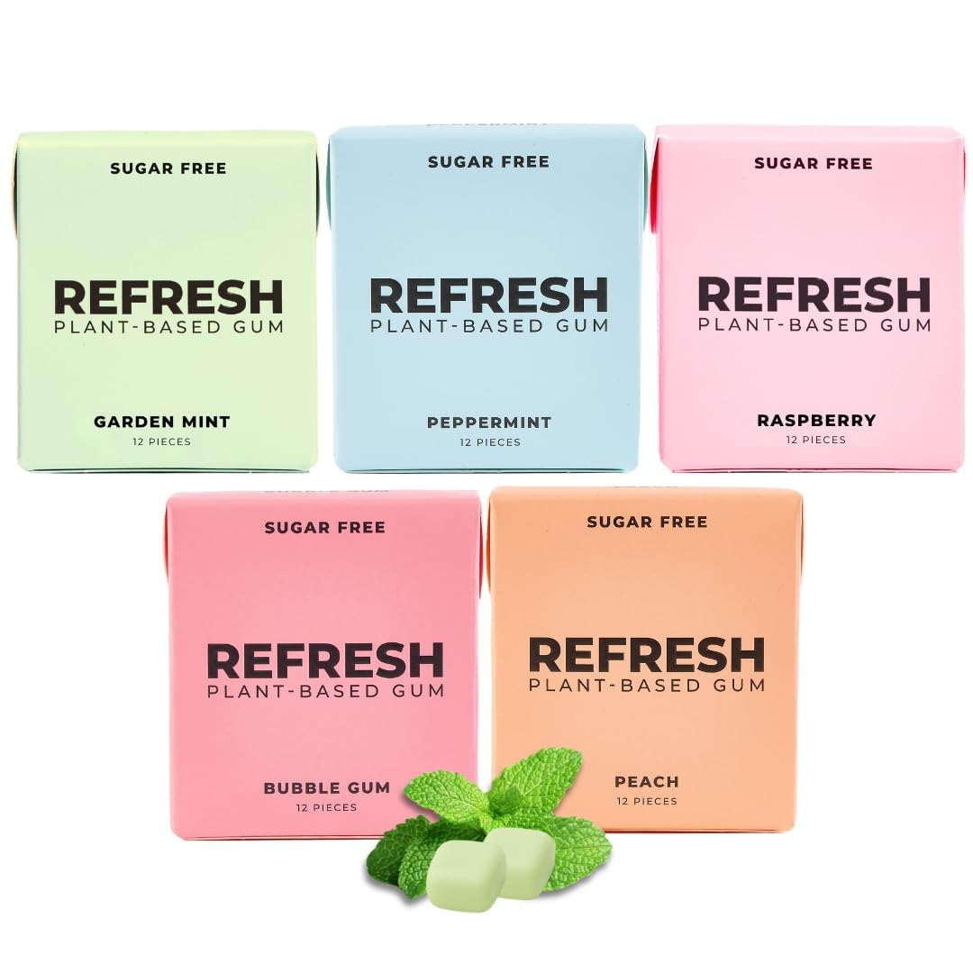 Refresh Gum  Xylitol  Natural  Sugar Free  Chewing Gum  Plastic Free  Natural Flavors & Organic Ingredients  Non GMO  Gluten Free  Vegan  12 Count (Pack of 5)  Sampler Pack