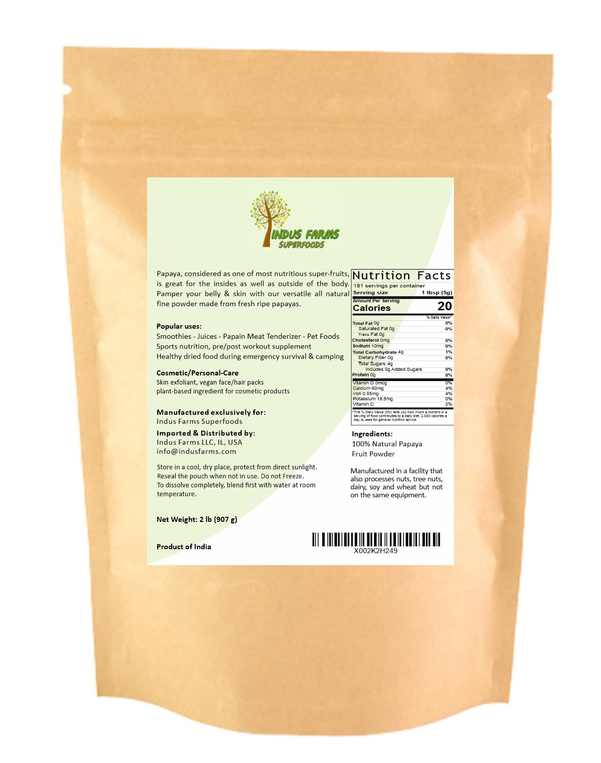 Indus Farms All Natural Papaya Whole Fruit Powder, GMO-Free, 2 LB, Light Orange