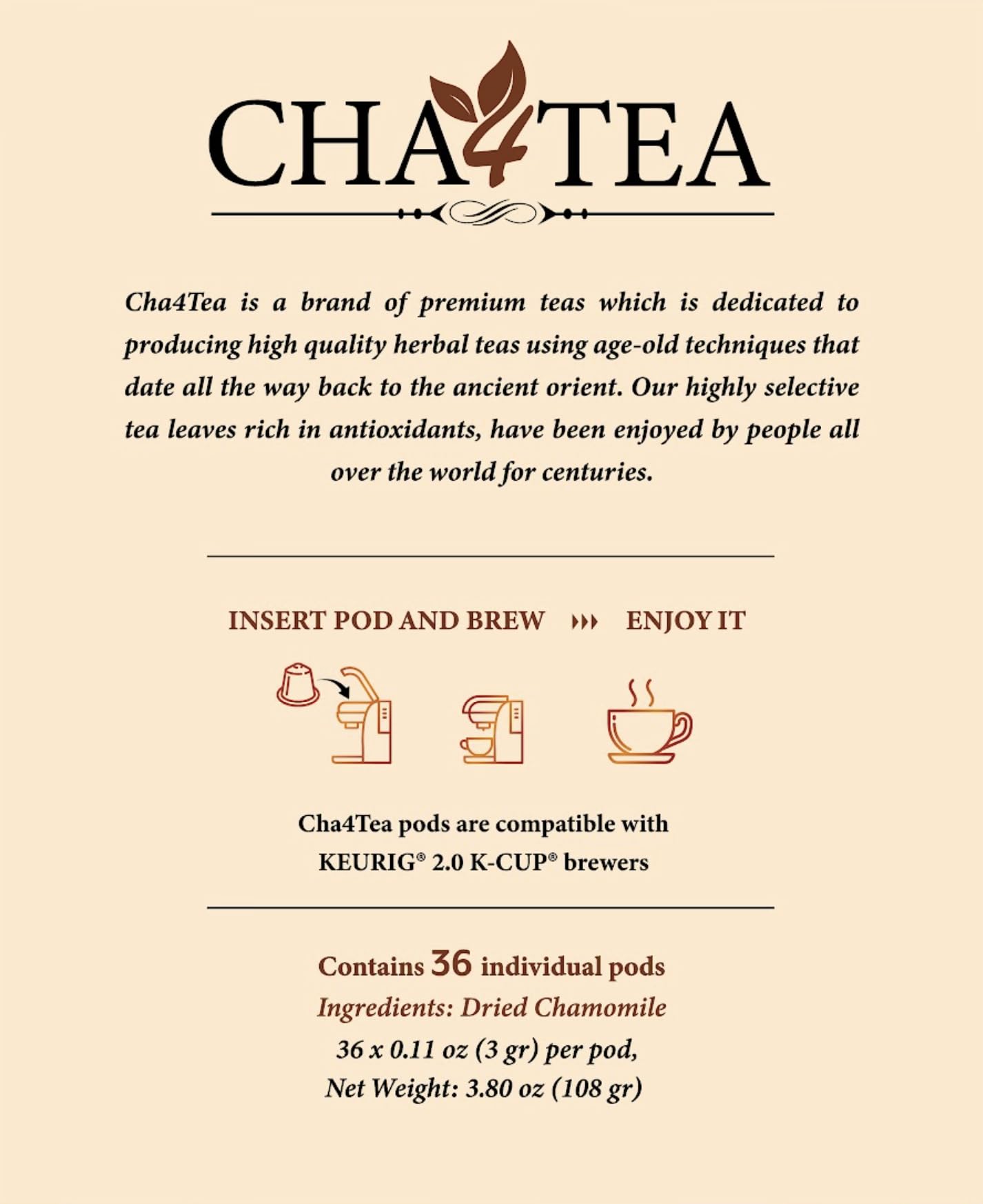 Cha4Tea Herbal Tea Pods - 36 Count, Compatible with Keurig, Bedtime Tea, Nightly Calm, Relaxing Flavor, Model TE-012-1