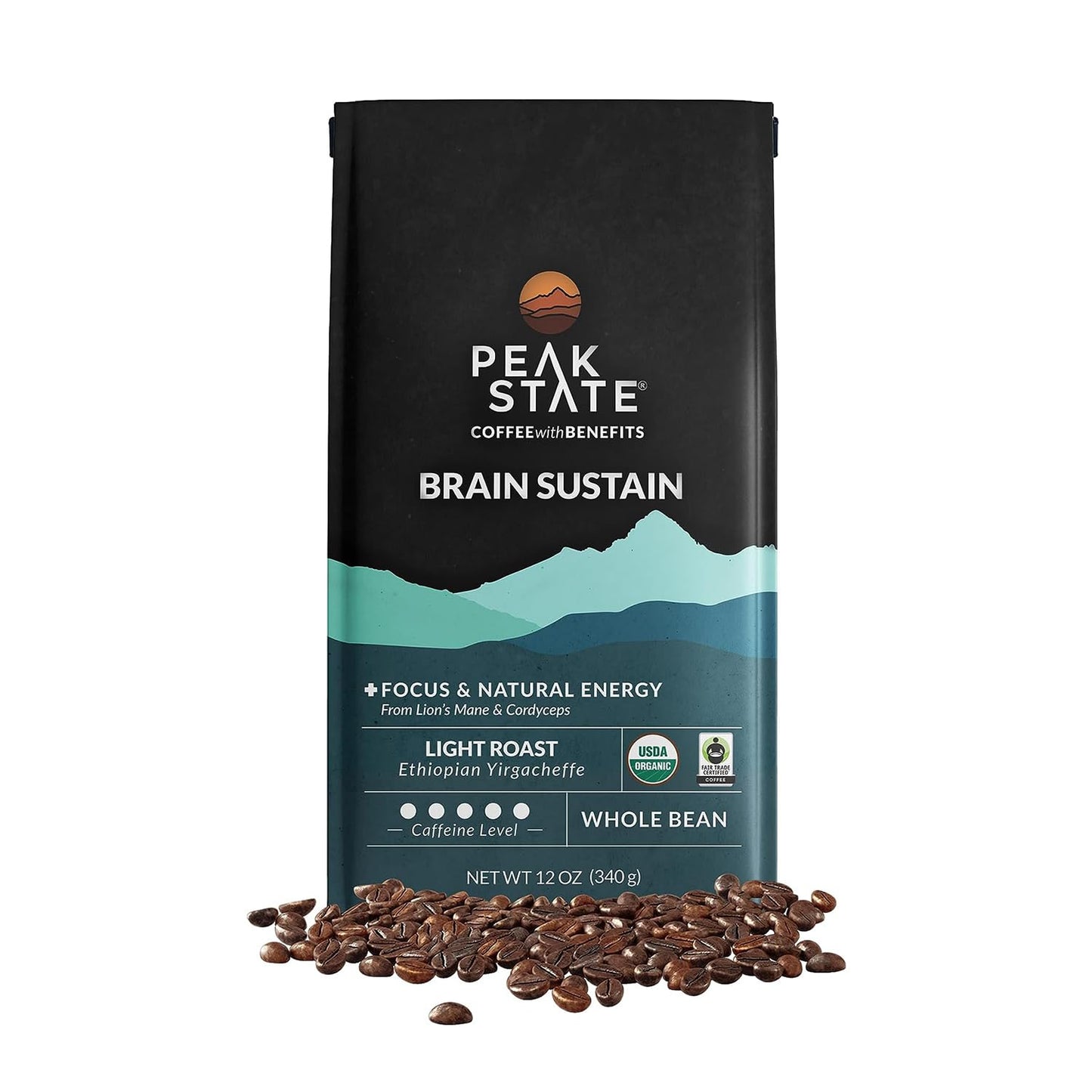 Peak State Coffee With Functional Mushrooms, Low Acid, Whole Bean (Focus, Boost Immunity, & Destress) (Brain Sustain)