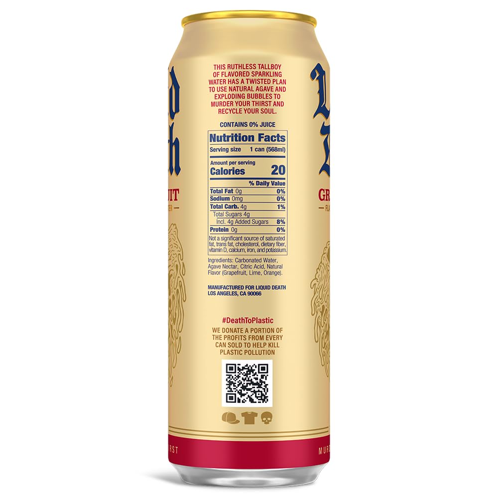 Liquid Death, Grave Fruit Sparkling Water, 8-Pack (King Size 19.2Oz Cans), Grapefruit Flavored Sparkling Beverage Sweetened With