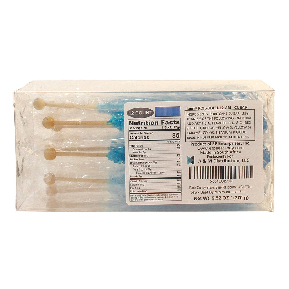 Espeez Extra Large Blue Rock Candy Sticks - 12 Count, Individually Wrapped for Weddings, Parties, Candy Buffets