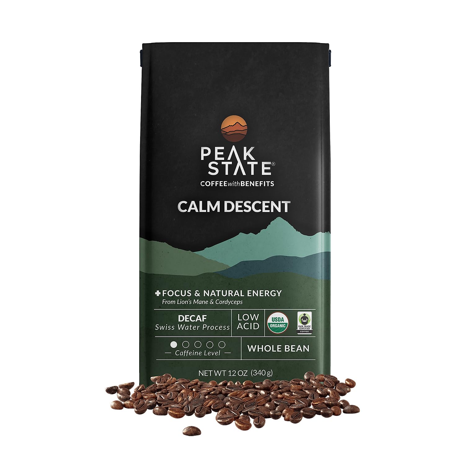 Peak State Coffee With Benefits - Organic Decaf Coffee Beans - Calm Descent Swiss Water Process Decaf With Lion'S Mane & Cordyce