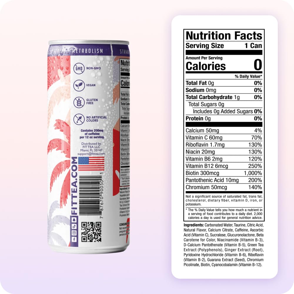FitTea Healthy Energy Drink 12 Fl Oz - Strawberry Aai Sparkling Refresher (12 Pack) Natural Green Tea Energy Drinks Sugar Free