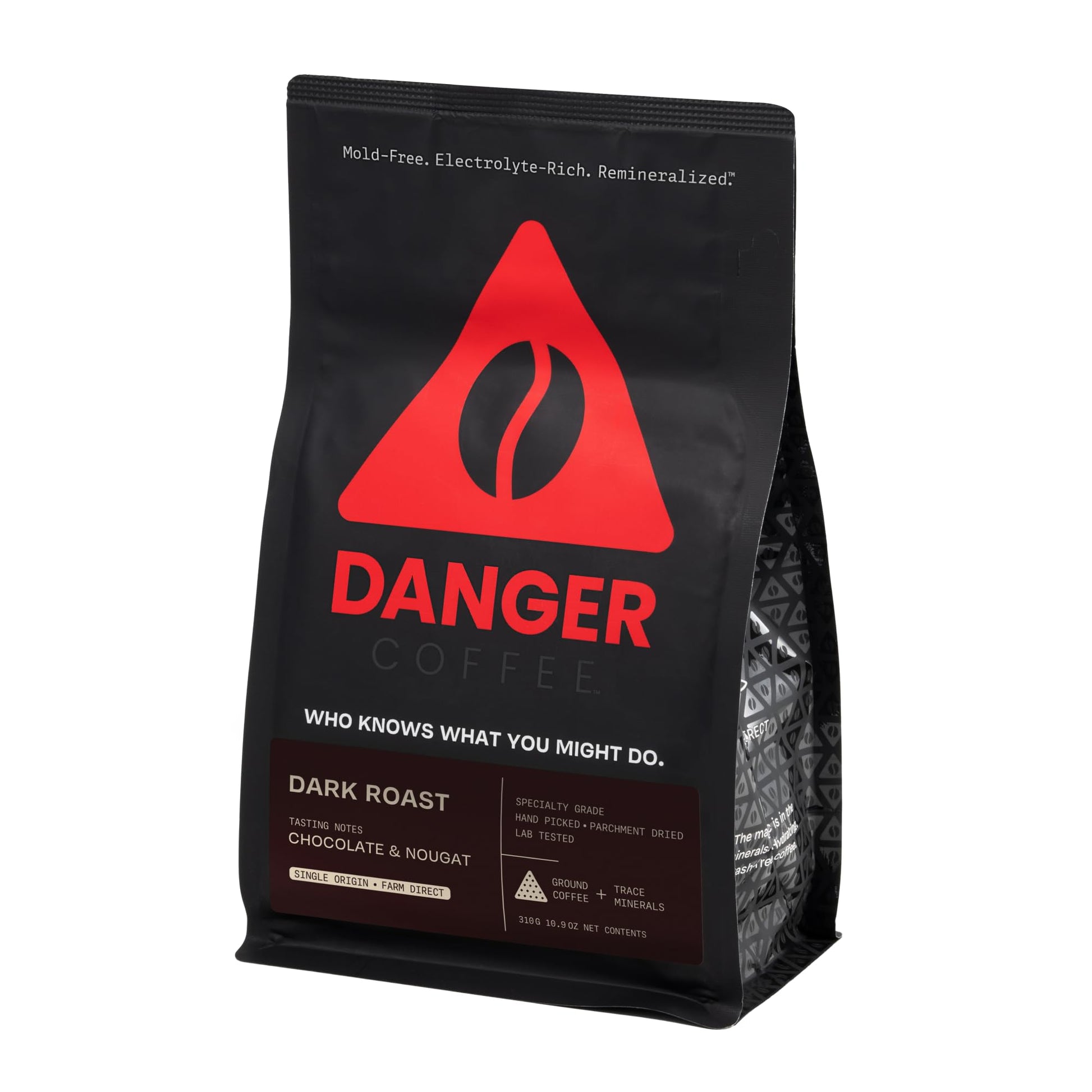 Danger Coffee Ground Coffee, Dark Roast, Mold Free, Lab Tested, 10.9 Ounce