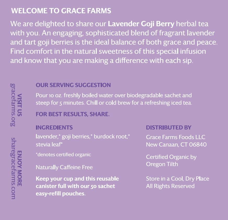 Grace Farms Herbal Tea - Lavender Goji Berry, 16 Pyramid Sachets, Organic, Caffeine Free, Kosher Certified