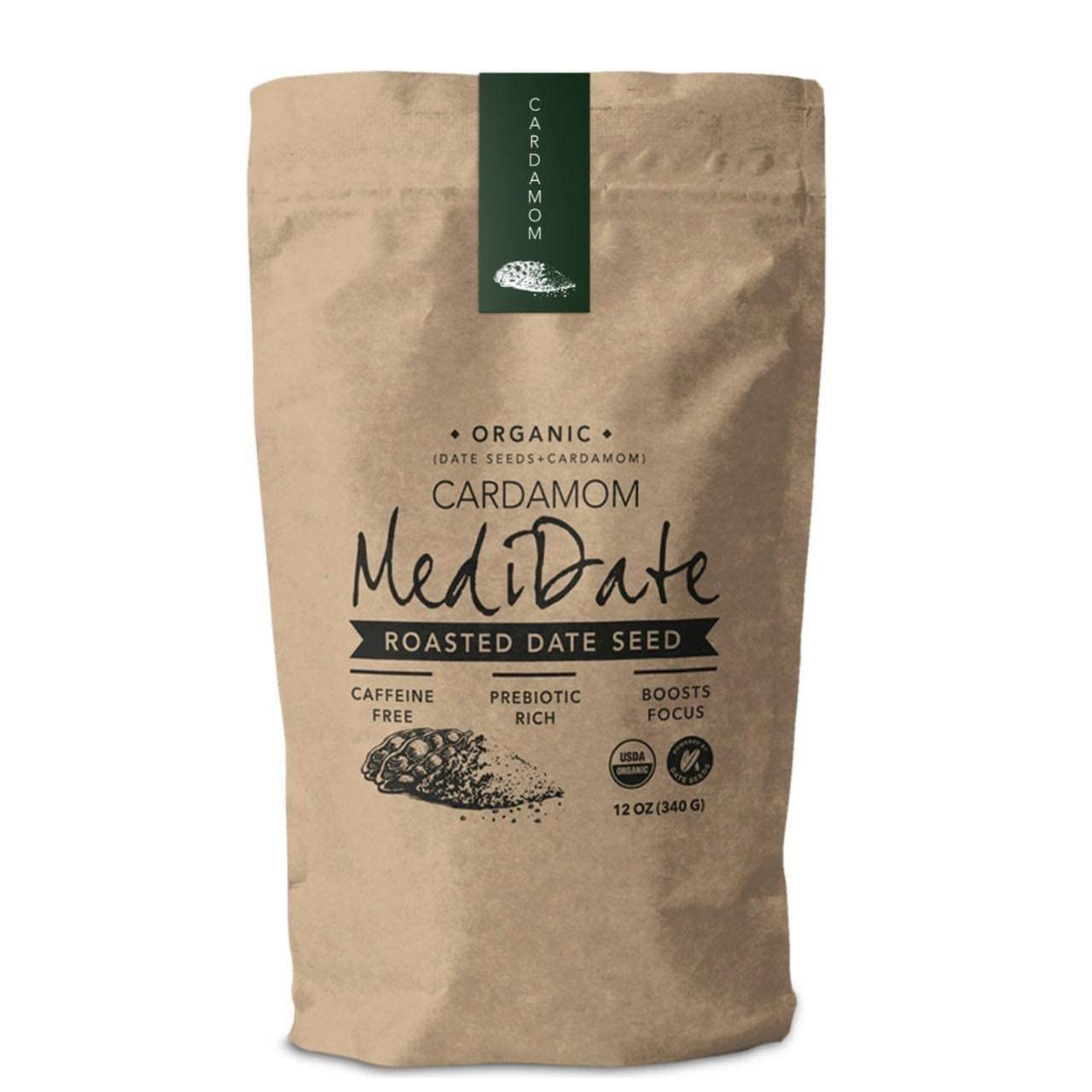 MediDate Coffee Alternative, Roasted Date Seeds & Cardamom, 12 Ounce, Caffeine & Acid-Free, Naturally Occurring Prebiotics