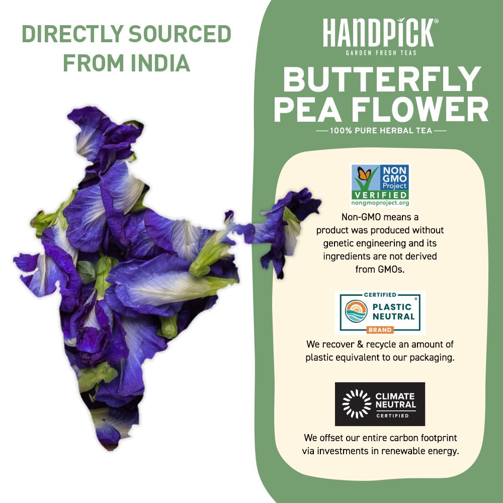 HANDPICK Butterfly Pea Flower Tea - 100 Herbal Tea Bags, Caffeine Free, Non-GMO, Premium Dried Flowers for Blue & Purple Drinks
