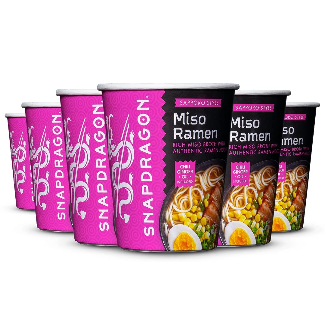 Snapdragon Miso Ramen Cup Noodles - 6 Pack Instant Ramen Bowl with Authentic Wheat Noodles, Soup Sauce Base, Vege Pack and Flavo