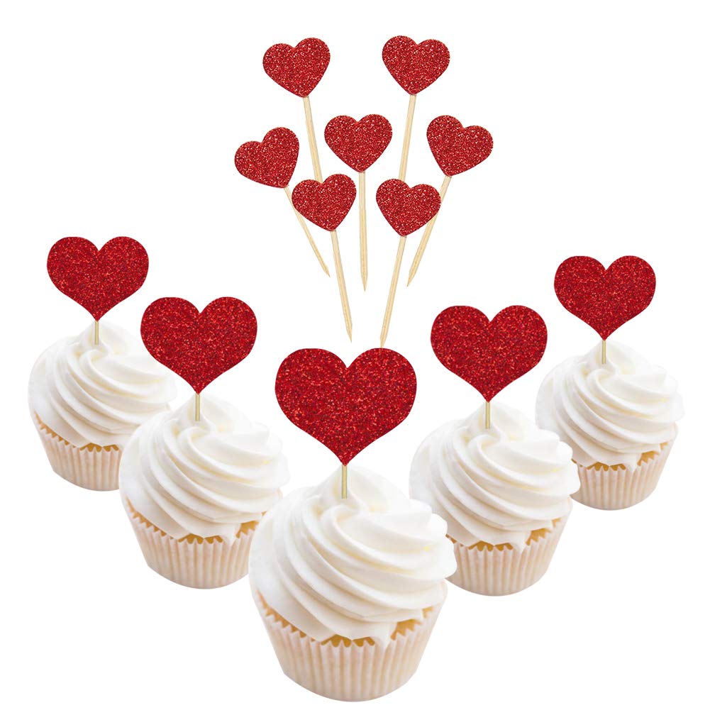 Looching Glitter Heart Cupcake Toppers, 50 PCS Red Food Picks for Wedding, Valentines Day, Birthday Party, Baby Shower