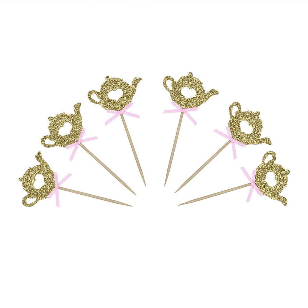24 Pcs Golden Glitter Teapot Cake Cupcake Toppers Picks For Tea Party Baby Shower Wedding Birthday Decorations