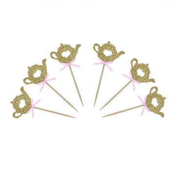 24 Pcs Golden Glitter Teapot Cake Cupcake Toppers Picks For Tea Party Baby Shower Wedding Birthday Decorations