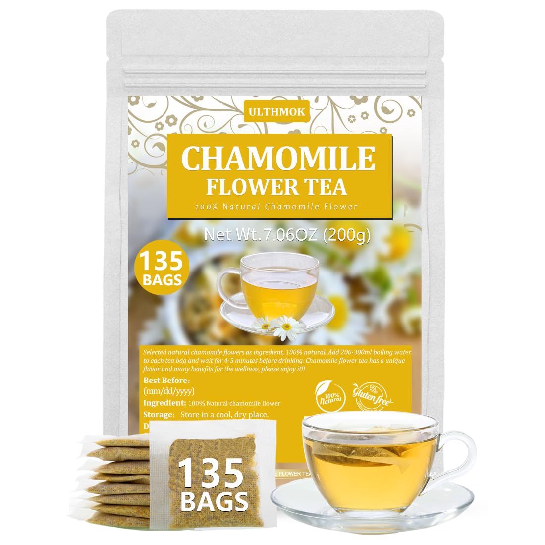 ULTHMOK Chamomile Tea Bags - 100% Pure Natural, Caffeine Free, Non-GMO, 135 Count