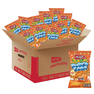 Herrs Cheesy Hulless Puffn Corn, 4.5 Ounce (Pack of 12 Bags) - Light, Cheesy Puffed Corn with No Hulls - Great for Mess-Free S