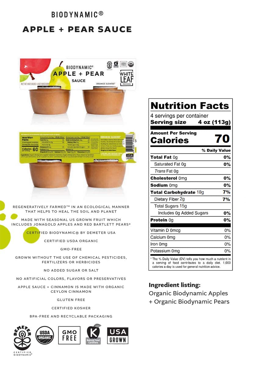 White Leaf Provisions Biodynamic & Organic Unsweetened Applesauce - Apple + Pear Sauce Pack - Organic Baby Food Or Healthy Snack