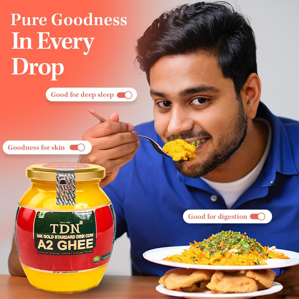 Tdn Fresh A2 Cow Ghee - 500Ml Glass Bottle, Nddb A2 Lab Certified, A2 Ghee Bilona Method, A2 Organic Cow Ghee, Grassfed, Cultured Enhanced & Traditional Ghee, Curd Churned A2 Ghee, A2 Pure Ghee