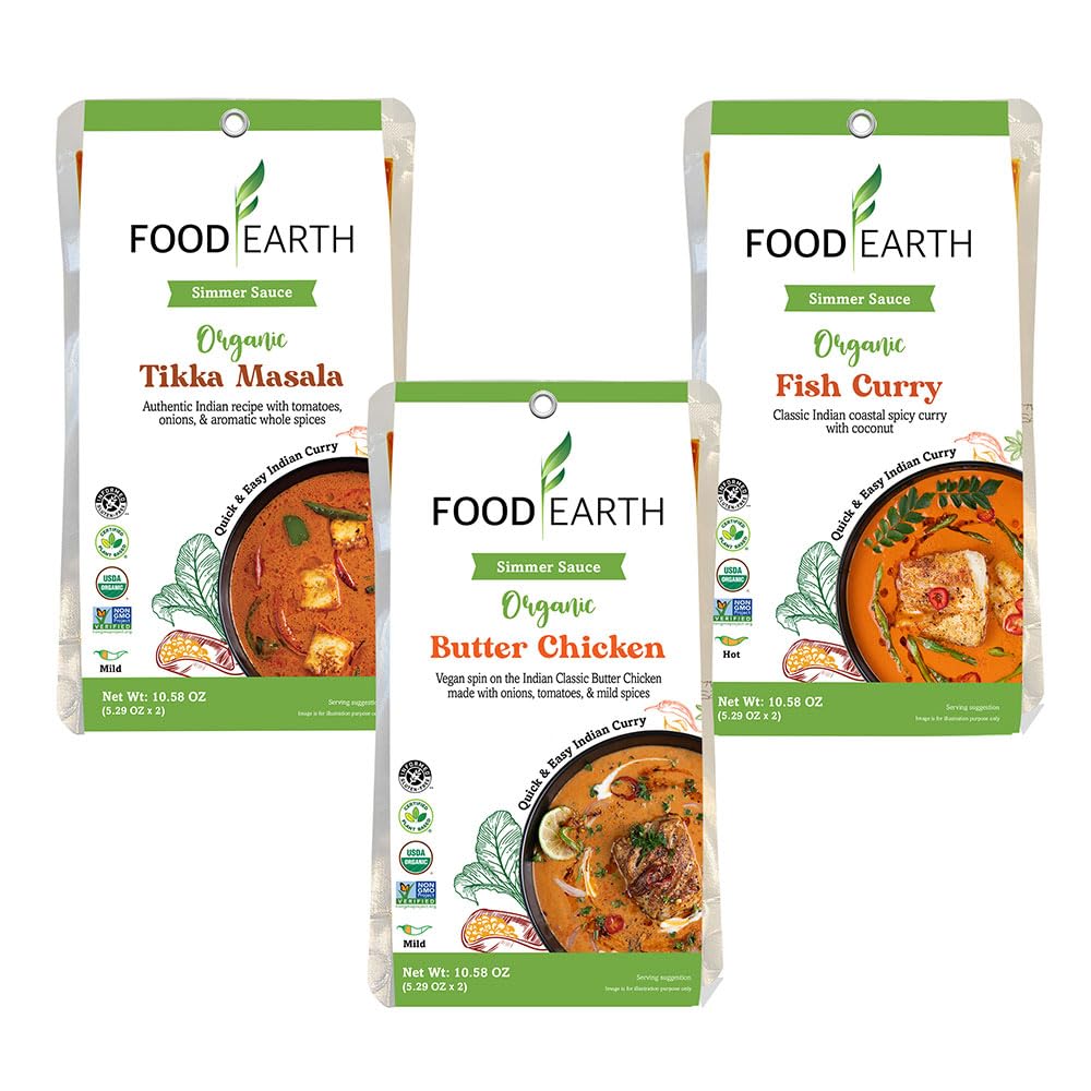 'Food Earth Indian Simmer Sauces - Variety Pack of 6 (Fish Curry, Butter Chicken, Tikka Masala) | Organic, Vegan, Gluten-Free, R
