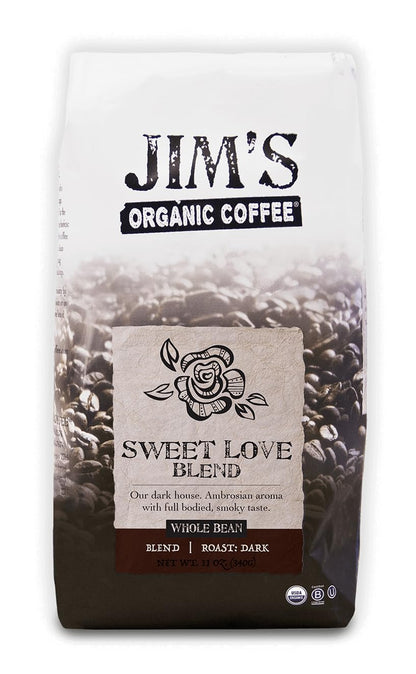 Jims Organic Coffee - Sweet Love Blend - Whole Bean, Dark Roast, Bold 11 oz Bag