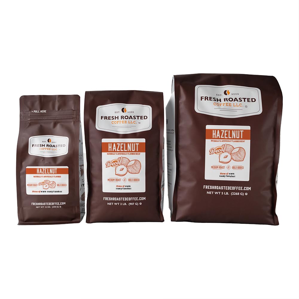 Fresh Roasted Coffee Decaf Hazelnut Flavored Whole Bean, Medium Roast, 2 lb (32 oz)