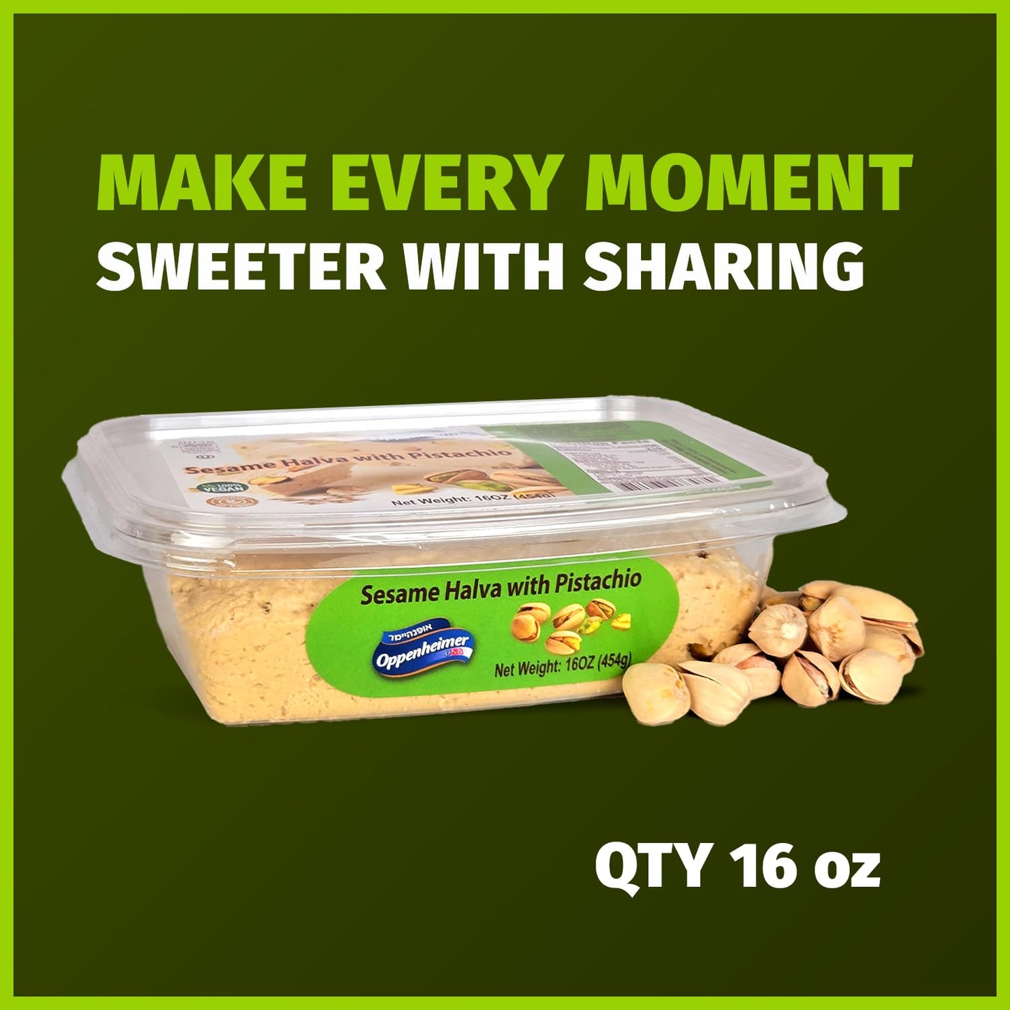 Oppenheimer USA Sesame Halva with Pistachio - Vegan, Kosher Sweet Treats - 16oz (454g) - Perfect for Any Occasion