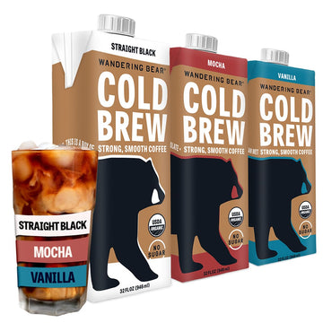 Wandering Bear Extra Strong Organic Cold Brew Coffee, Variety Pack, 32 Fl Oz, 3 Pack - Straight Black, Vanilla, & Mocha - Ready