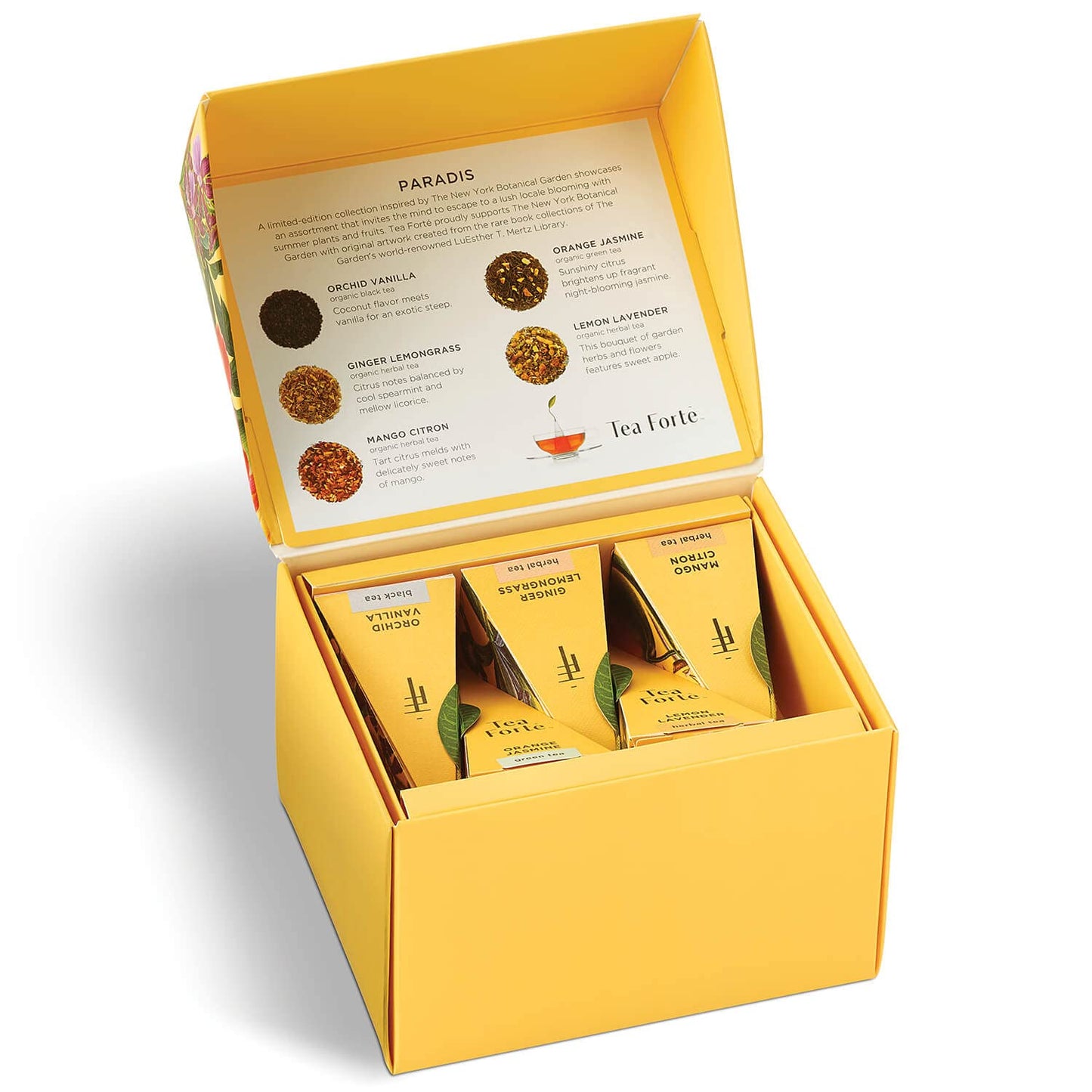 Tea Forte Paradis 3-Piece Premium Tea Gift Set With Mango Yellow Cafe Cup With Lid, Tea Tray And 10 Assorted 2 Of Each Variety O
