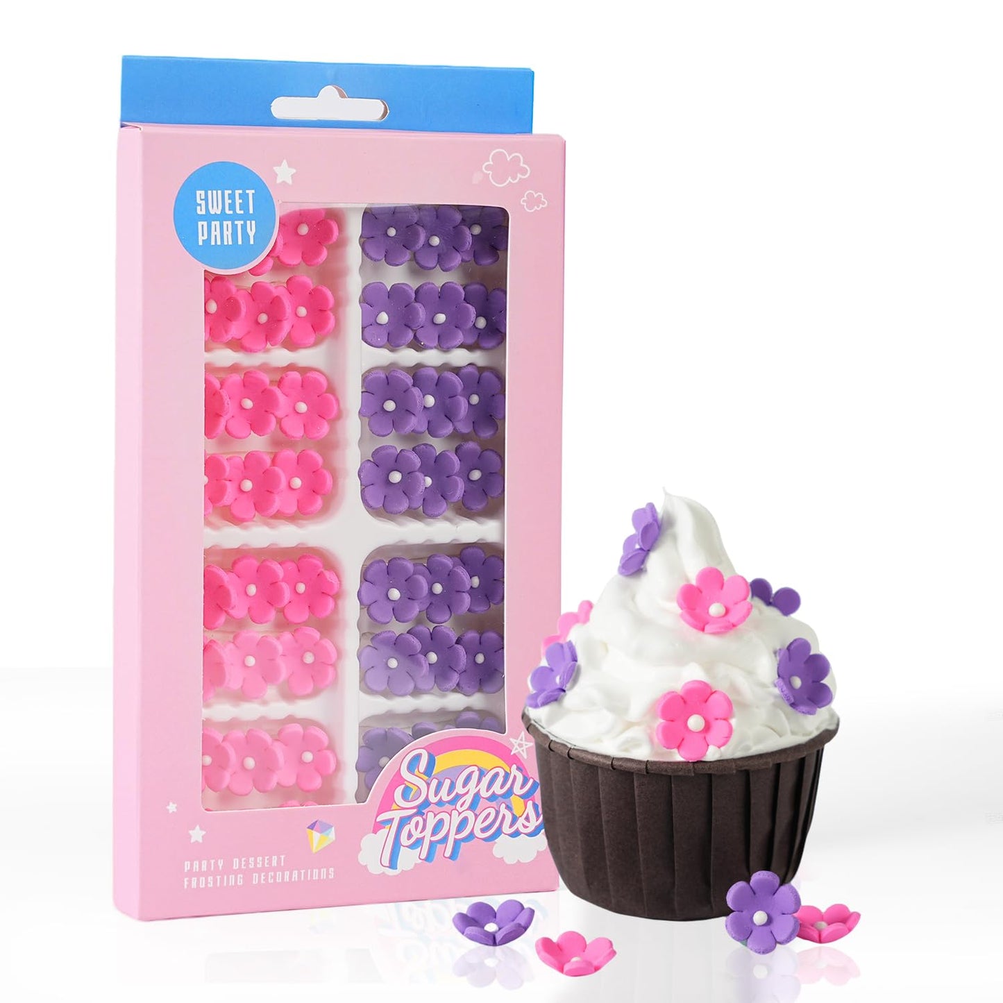 Edible Flowers Cake Decorations 48 Count Pink Purple Blossoms Royal Icing Decorations Daisy Sugar Wedding Flowers for Baking Cup