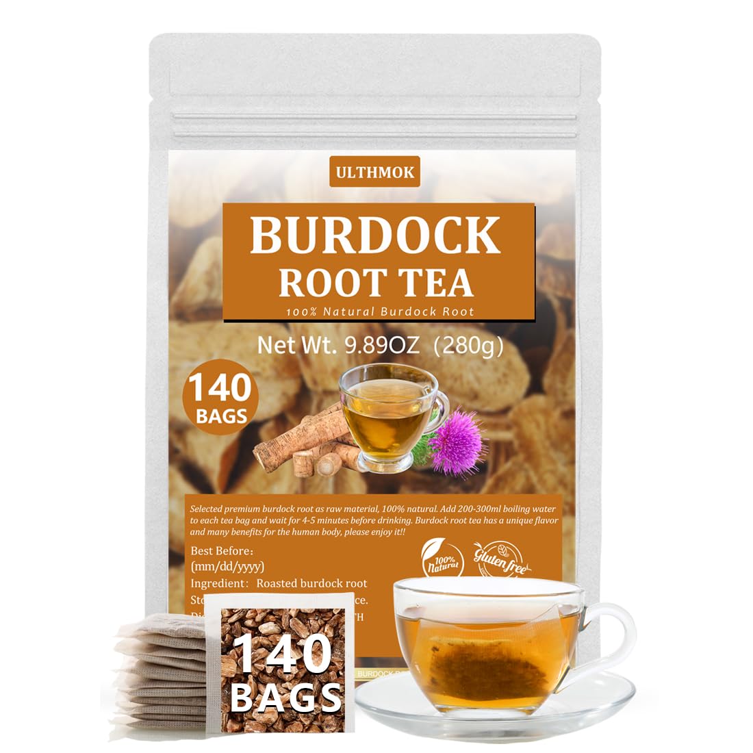 Top-Grade Burdock Root Tea Bags 140 Tea Bags.100% Natural Burdock Tea No Additives Energy Blend Free.