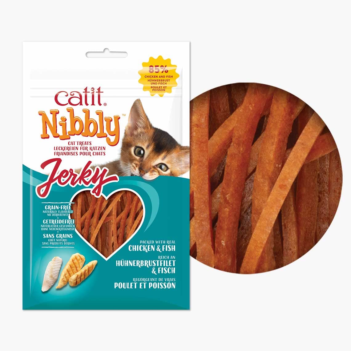 Catit Nibbly Jerky Cat Treats, Chicken & Fish Recipe - Grain-Free Cat Treat White 1 Ounce (Pack of 1)