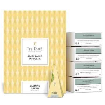 Tea Forte Jasmine Green Premium Organic Caffeinated Green Tea Blend Event Box, Bulk Pack 40 Count, 10 per tray Individually Wrap