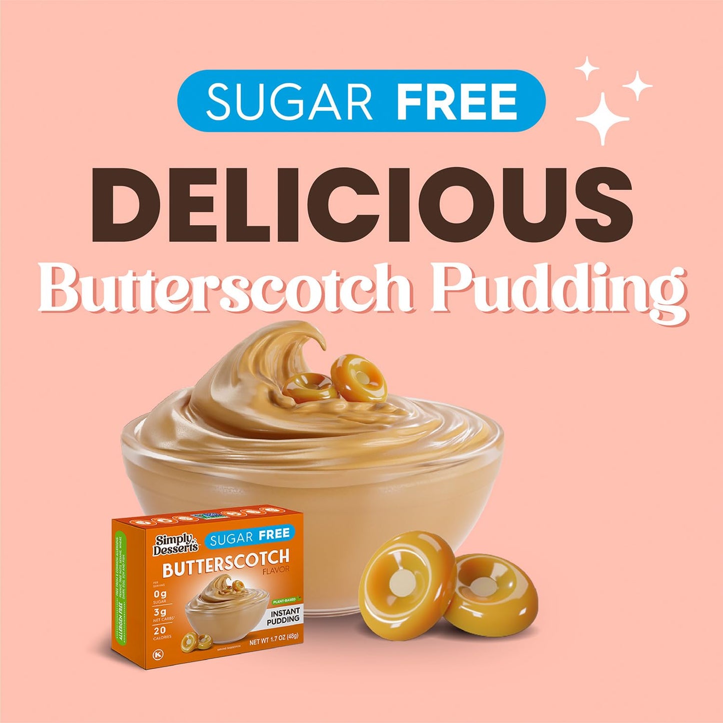 Simply Desserts Butterscotch Instant Pudding, Sugar-Free, 6-Pack - Healthy Dessert, Keto Snacks, Vegan & Diabetic-Friendly, Kosh