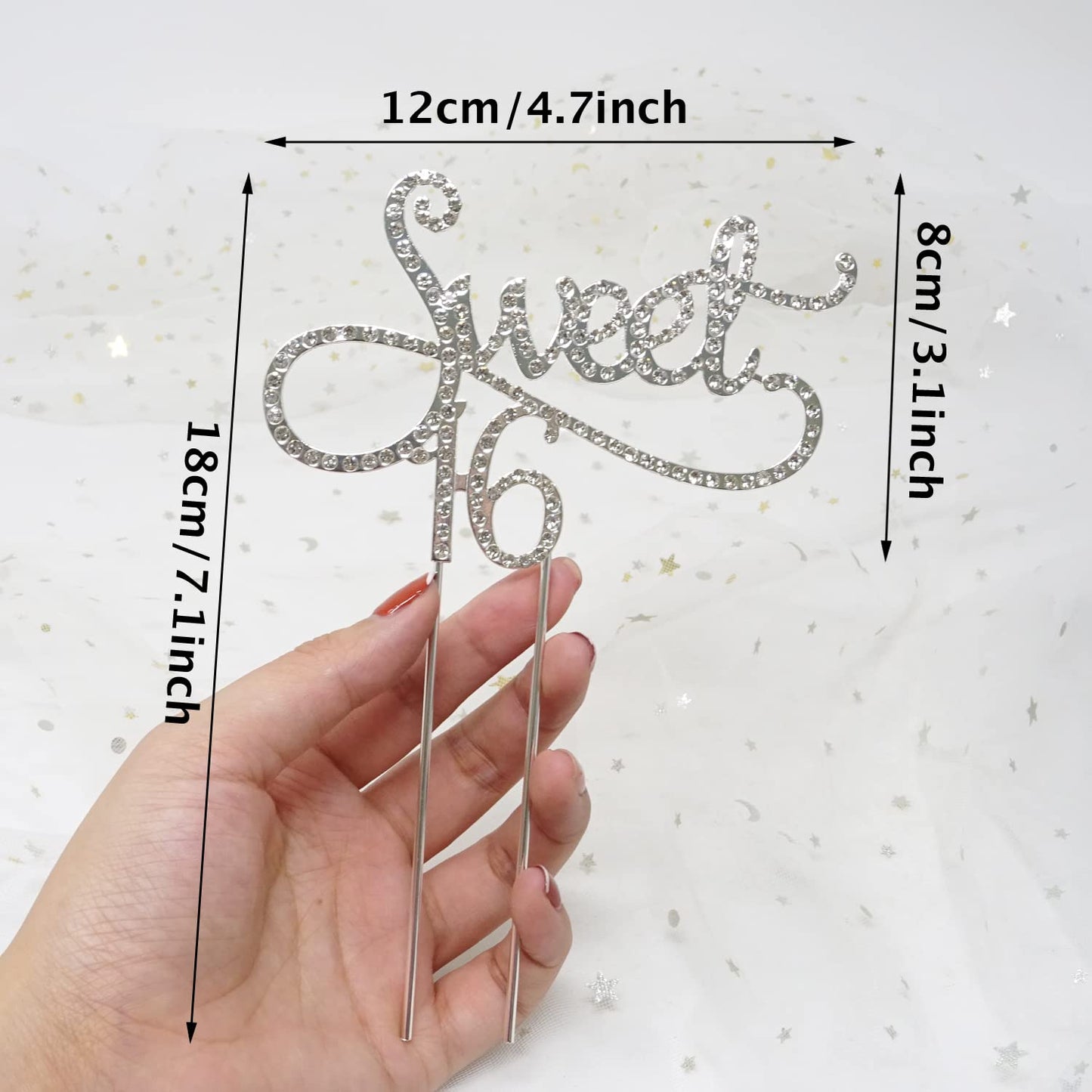 Honbay Sweet 16 Cake Topper Enhanced Sparkly Crystal Rhinestones Cake Topper Cake Decoration For 16Th Birthday Party (Silver)