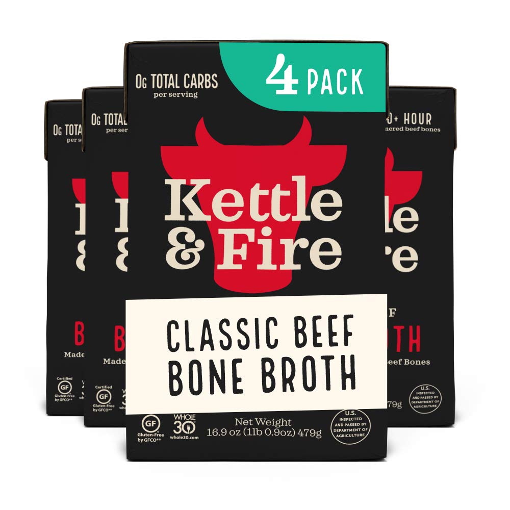 Kettle & Fire Beef Bone Broth Soup, Keto, Paleo, Gluten Free, Pack of 4, 16.9 fl oz each, 10g Protein