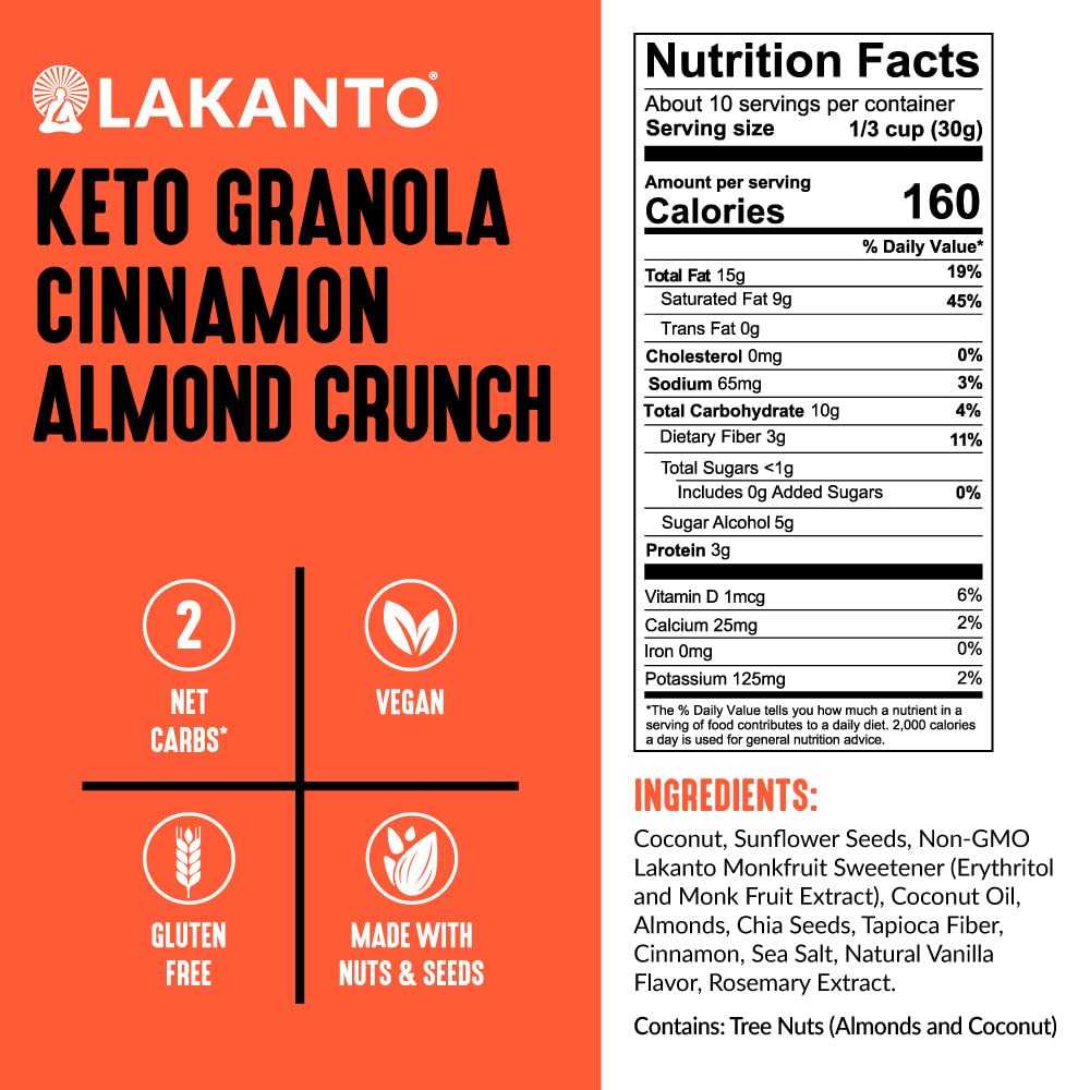 Lakanto Cinnamon Almond Crunch Granola - Delicious Snack, Quick Breakfast Cereal, Keto Friendly, Monk Fruit Sweetener, No Sugar Added, Vegan, Gluten Free, Grain Free, Low Net Carbs (11 Oz)